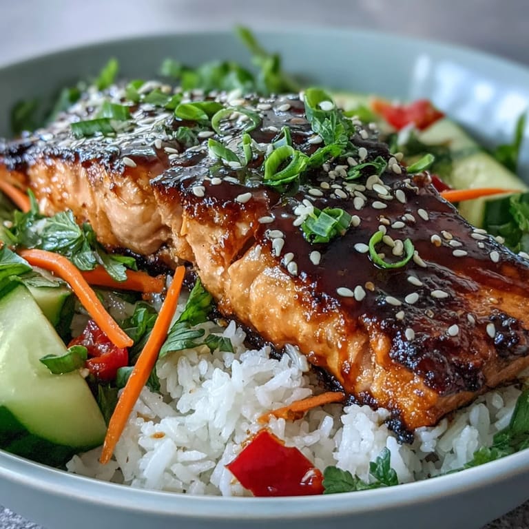 Close-up of a delicious Asian-Inspired Salmon Bowl showing tender fish, colorful veggies, and edamame over steamed rice, ready for a quick weeknight dinner.