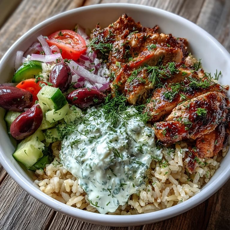 This vibrant Greek chicken bowl combines warm rice, tangy lemon-herb chicken, crunchy veggies, and cool tzatziki for a complete Mediterranean meal.