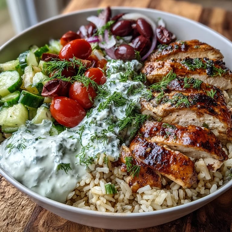 A colorful platter of Greek chicken bowl with glistening chicken, herbed rice, fresh vegetables, olives, and a generous dollop of tzatziki.