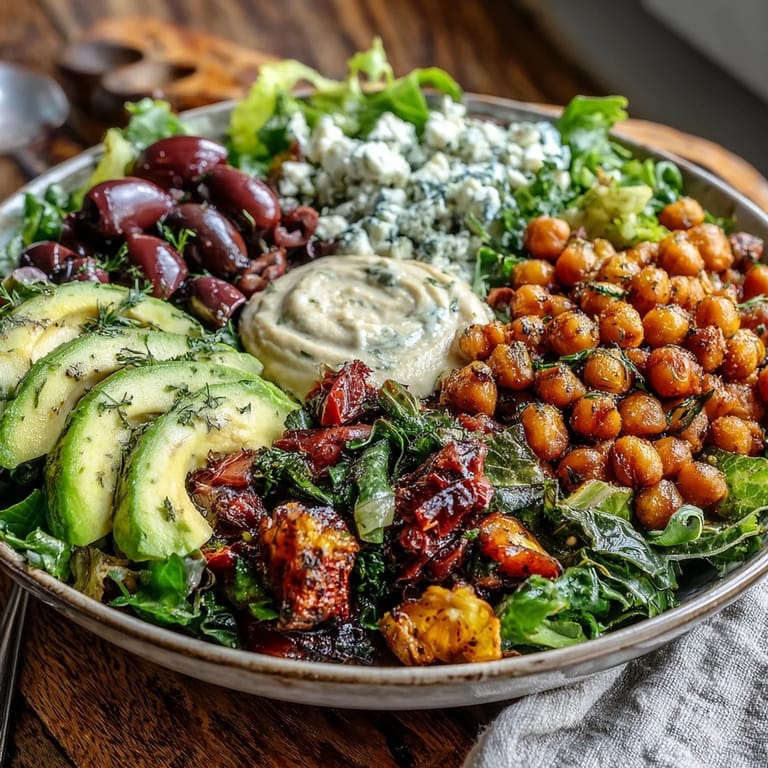 Fresh Vegan Mediterranean Buddha Bowl with creamy avocado, olives, chickpeas, and a drizzle of zesty tahini dressing on a plate.
