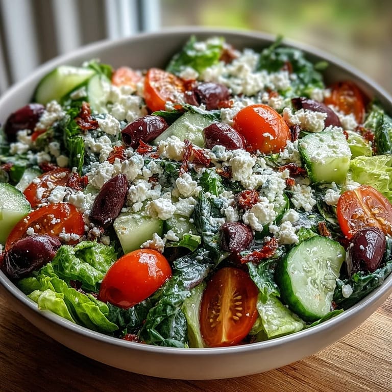 Colorful Greek Salad Bowl featuring chopped romaine, crunchy cucumbers, briny olives, and creamy feta, ready to serve.  