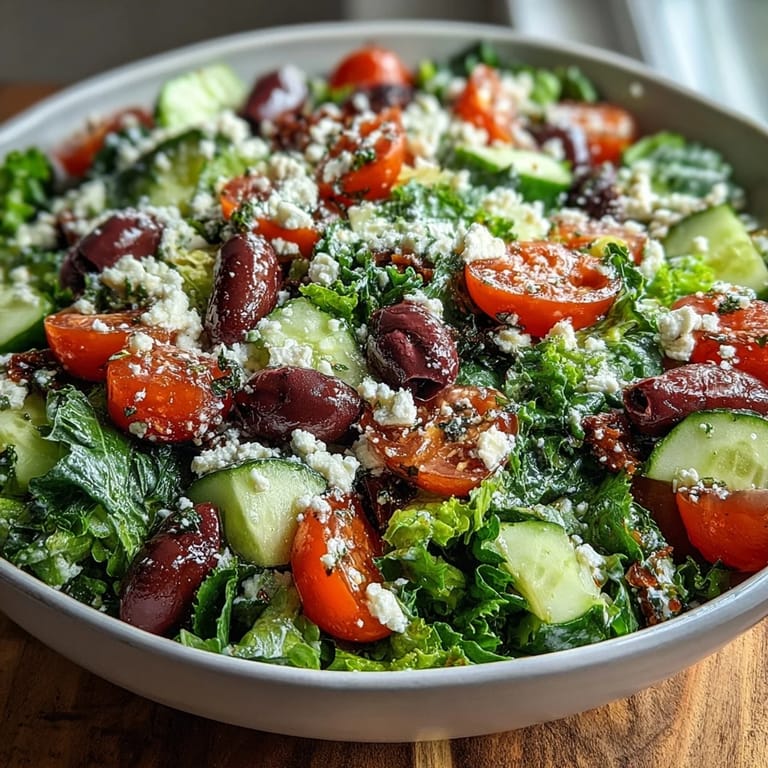 Appetizing Greek Salad Bowl topped with tangy red onion, halved cherry tomatoes, and feta, drizzled with herb dressing.