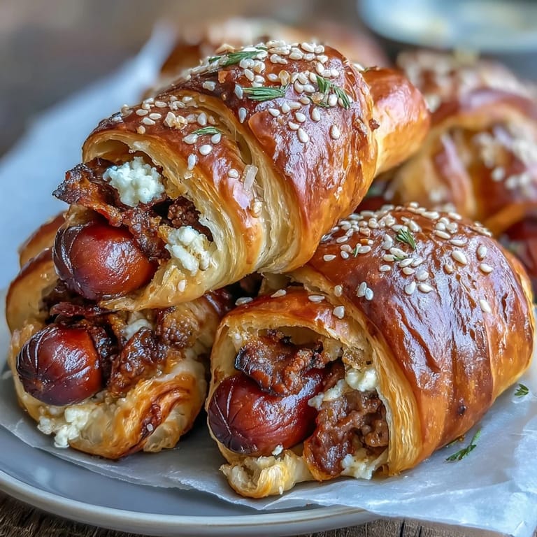 Mini baseball hot dogs in crescent roll dough, golden and flaky, served with ketchup and mustard for dipping.
