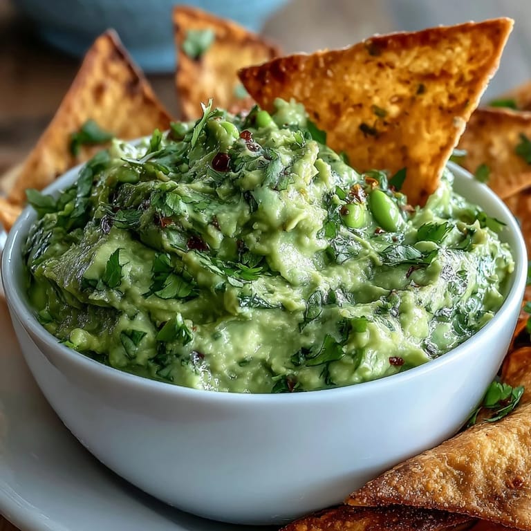 Bright and zesty edamame guacamole paired with warm, crunchy pita chips—perfect for sharing.