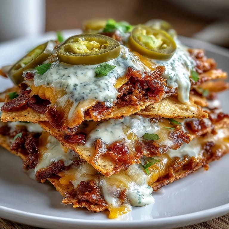 Loaded Baseball Nachos with Jalapeños and Cheese Sauce: golden chips piled high with juicy ground beef, creamy cheddar-Monterey Jack sauce, and tangy pickled jalapeños.