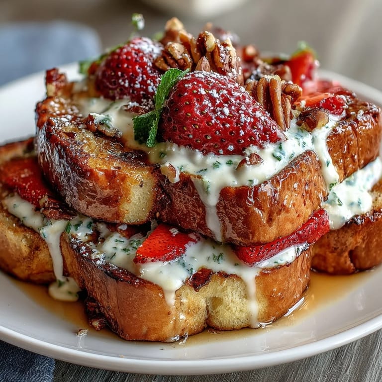 Fluffy French toast bake layered with strawberries and brioche, finished with melted butter, sliced almonds, and a crunchy sugar topping.