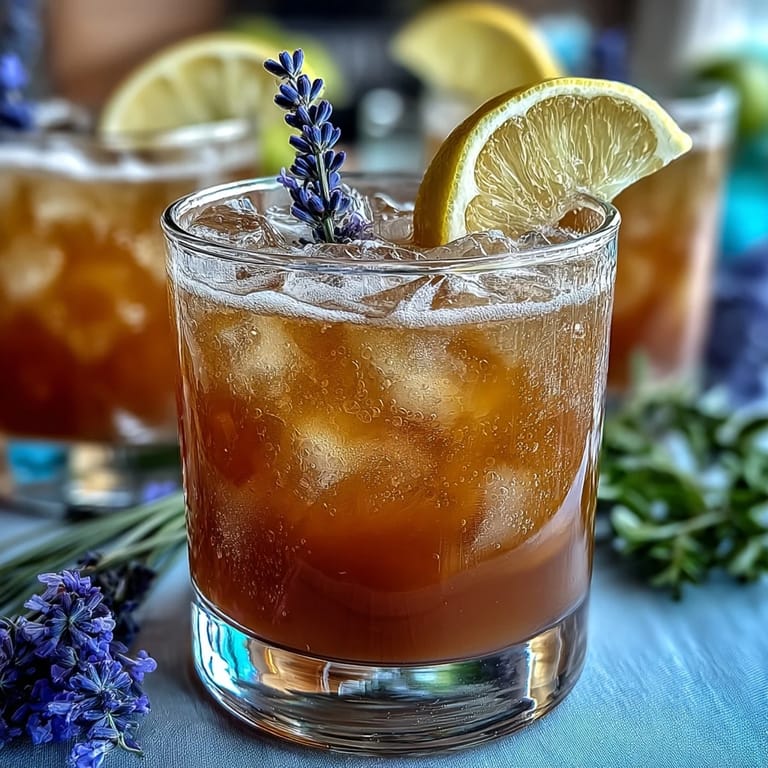 Sparkling lavender lemonade cocktail with a floral aroma, served in a glass over ice with lemon and lavender garnish.
