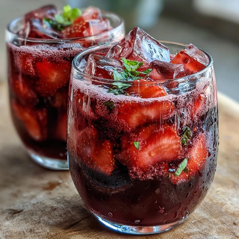 Chilled Strawberry Açaí Refresher inspired by Starbucks, featuring fresh sliced strawberries, açaí powder, and lemon juice for a tangy, energizing summer drink.