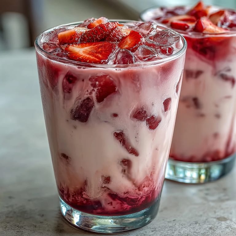 Creamy pink drink featuring tangy açaí, sweet strawberries, and smooth coconut milk served over ice.