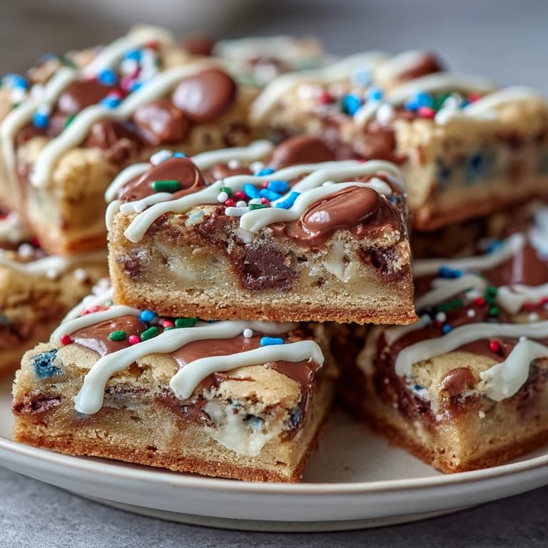 Festive cookie bars loaded with candy-coated chocolates, drizzled with creamy white chocolate, and decorated with sprinkles for a fun, celebratory dessert.
