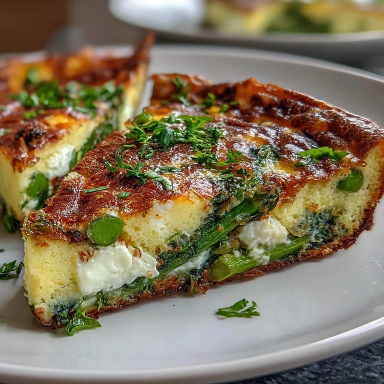 Asparagus, Peas and Goat Cheese Frittata: light, fluffy baked eggs filled with fresh spring vegetables and tangy goat cheese.