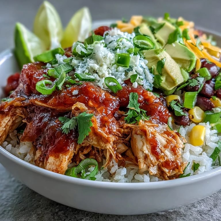 Slow cooker salsa chicken bowls with zesty tomato salsa, avocado, and lime, served over fluffy rice for a quick meal.