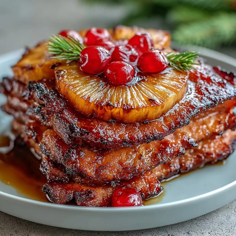 Sweet pineapple and cherry-topped ham with glossy honey glaze, perfect for holiday dinners and family gatherings.