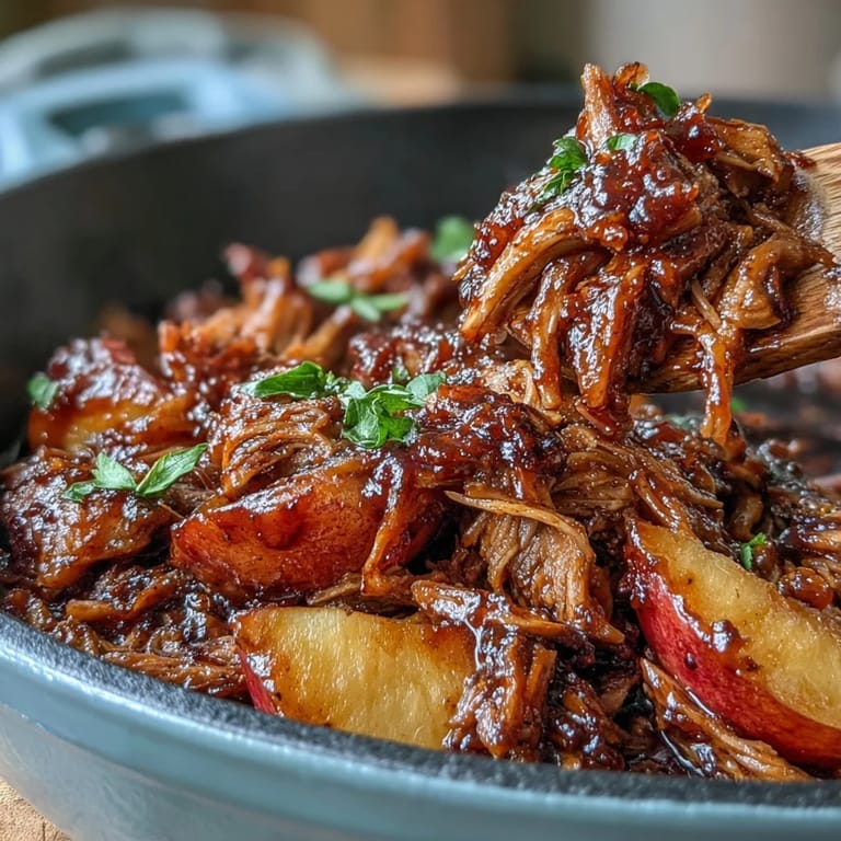 Honey peach BBQ pulled pork in a crockpot, surrounded by ripe peach slices and rich, glossy sauce.