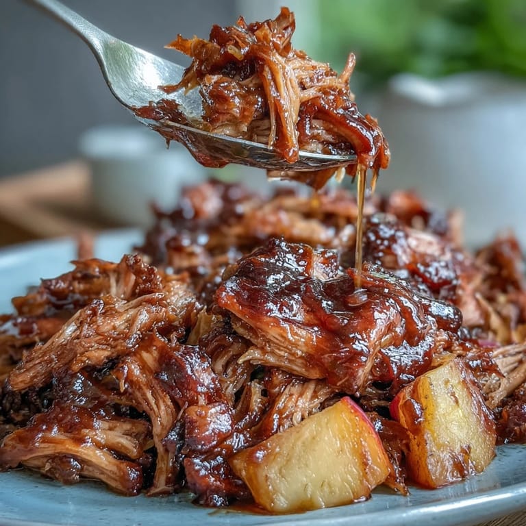 Shredded honey peach BBQ pulled pork piled high on a plate, garnished with fresh herbs and peach wedges.