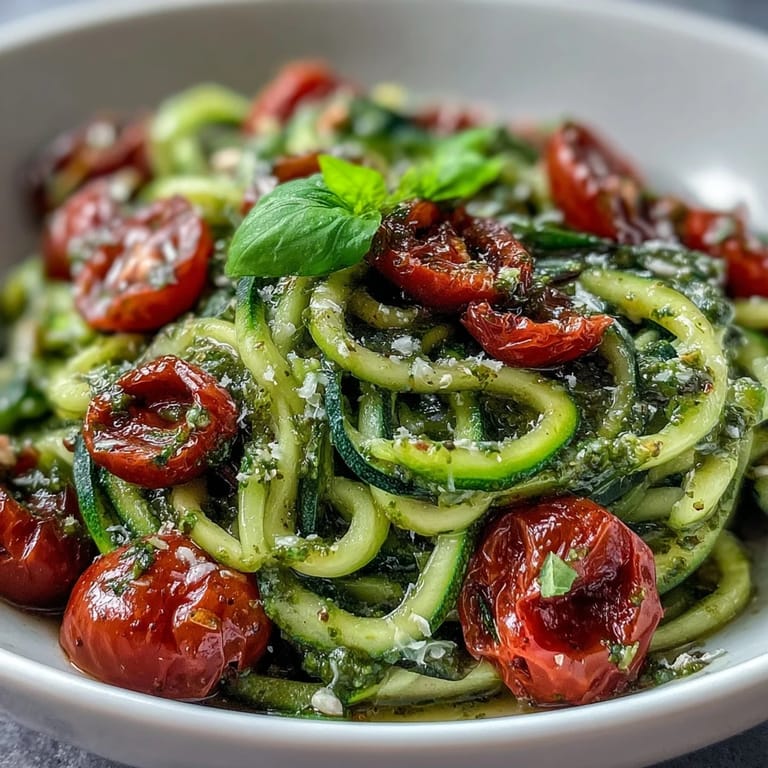 Healthy spiralized zucchini with creamy pesto, bright cherry tomatoes, and fresh basil, an easy vegetarian low-carb recipe.  