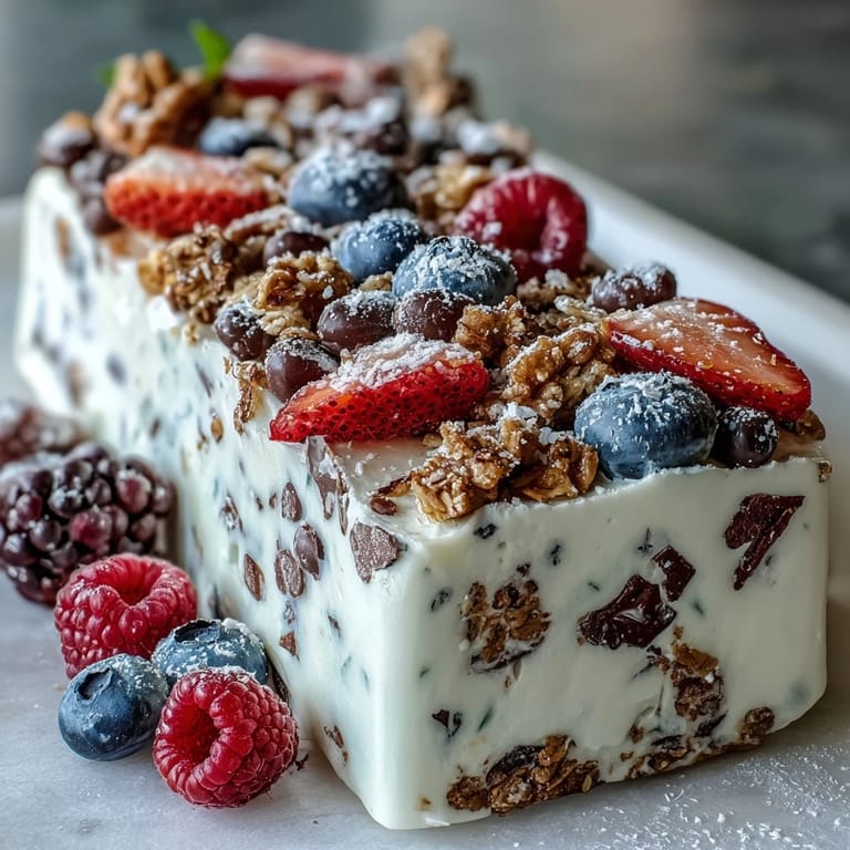 Colorful frozen yogurt bark topped with fresh berries and crunchy granola, perfect for healthy snacking.