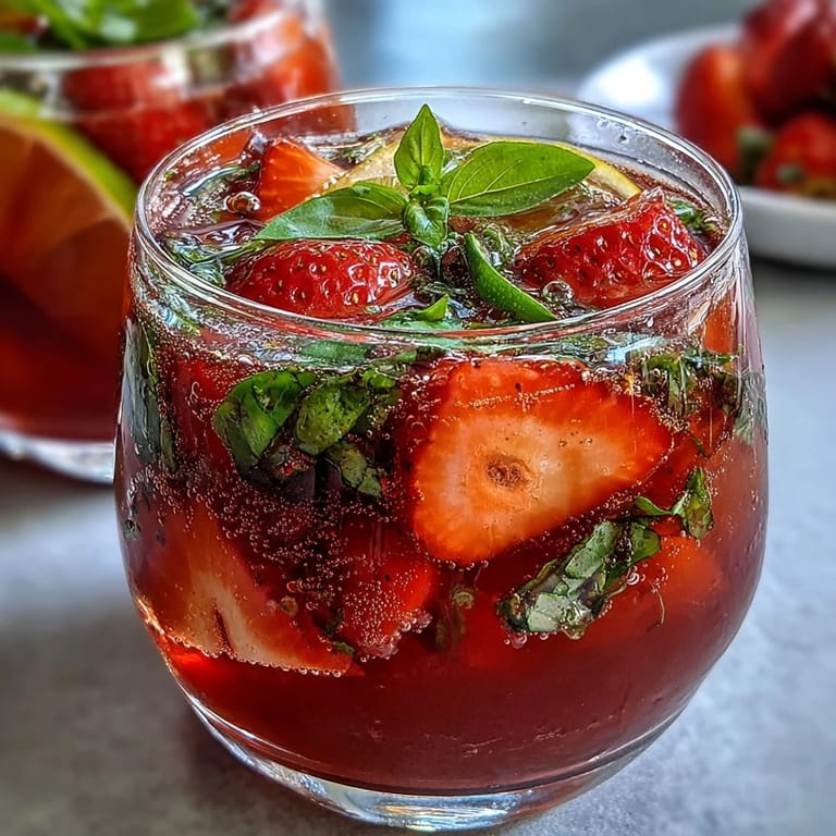 Gorgeous strawberry basil sangria mocktail with juicy berries, citrus slices, and sparkling water over ice.