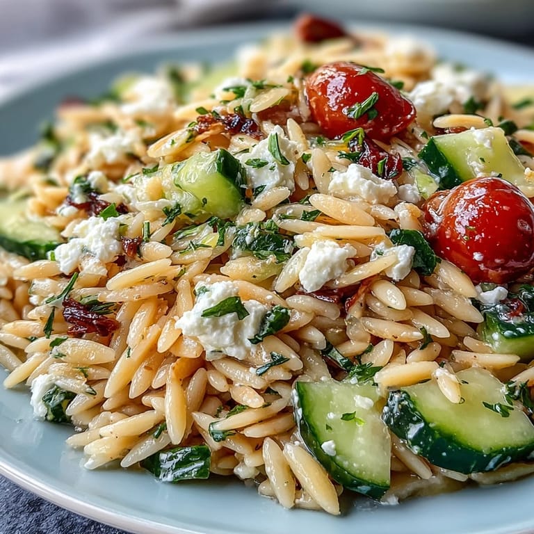 Vibrant orzo salad, cucumber, feta, lemon dressing, easy refreshing Mediterranean delight.