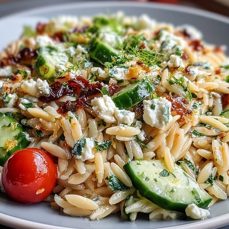 Tender orzo salad featuring crisp cucumber, crumbled feta, and zesty lemon dressing.