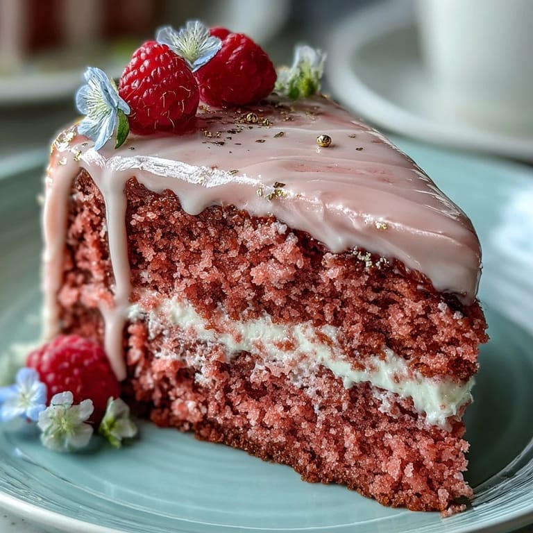 Enjoy a slice of this lovely Rosé Velvet Cake, frosted and beautifully gilded.