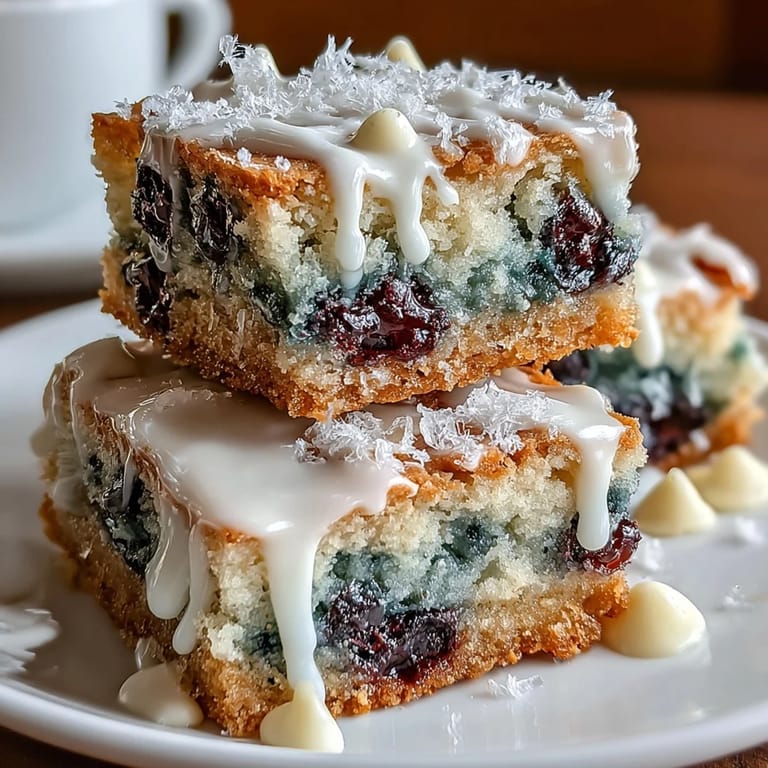 Chewy White Chocolate Lemon Blueberry Blondies, perfect dessert, showcasing tangy fruit.