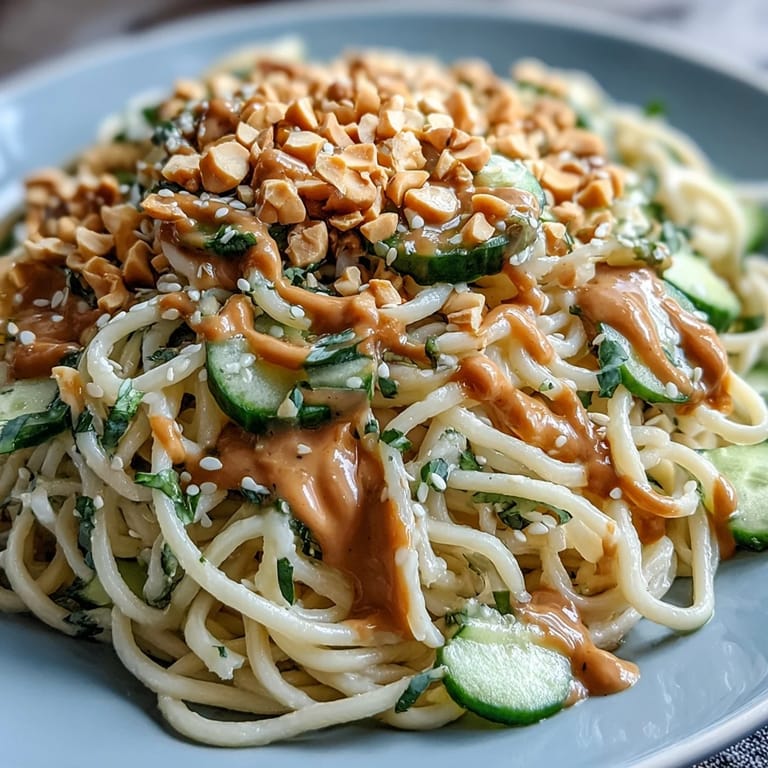 Vibrant sesame noodles tossed in savory peanut sauce, perfect for a light lunch.