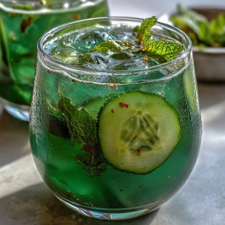 Vibrant Sparkling Cucumber Mint Lemonade Mocktail ready to be poured over ice.
