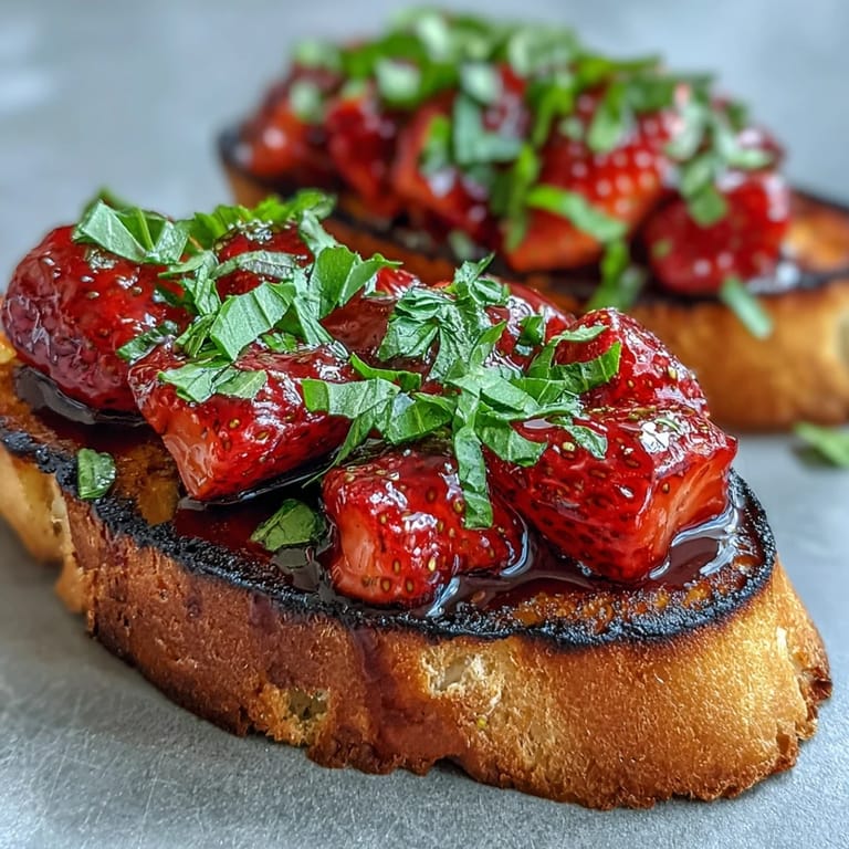 Vibrant salad-like strawberry topping on crunchy grilled bread bursts with fresh basil and sweet glaze.