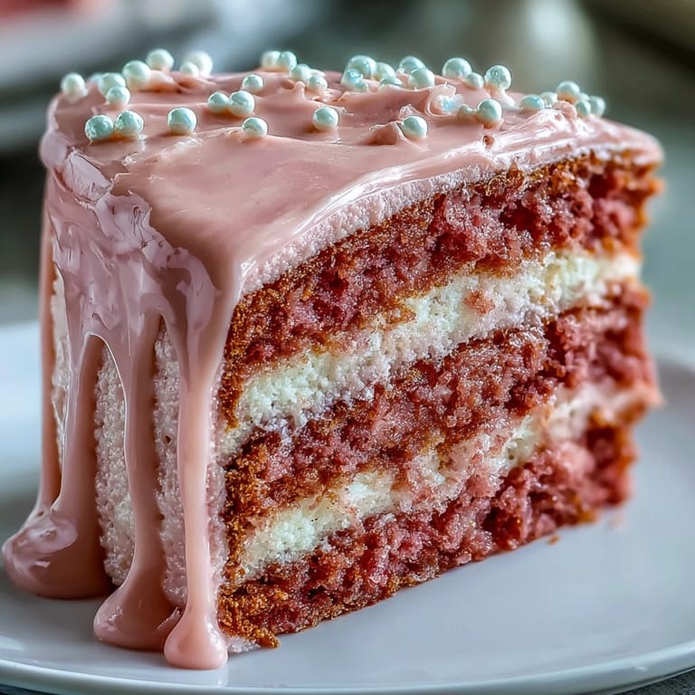 Show-stopping rosé velvet cake, perfect for parties, with a luxurious gold accent.