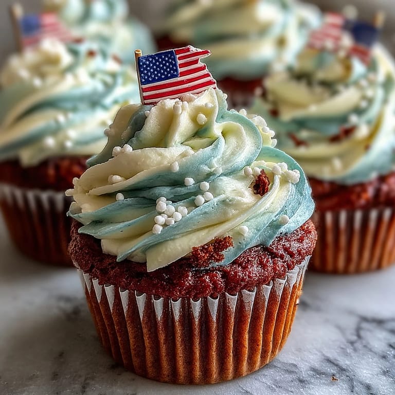 Vibrant red, white, and blue swirled frosting crowns these Star-Spangled Banner Cupcakes.