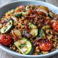Farro with roasted vegetables steaming in a white bowl, featuring caramelized red bell peppers, zucchini, and cherry tomatoes.