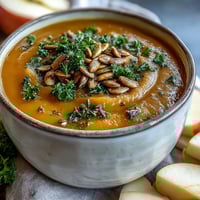 A close-up of creamy Butternut Squash and Apple Soup in a rustic bowl, topped with toasted pumpkin seeds and fresh parsley.