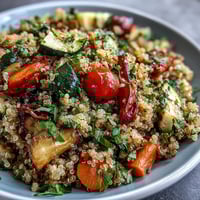 This vegetarian quinoa vegetable pilaf features fluffy grains mixed with golden roasted red bell pepper, zucchini, and carrots.