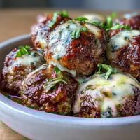 Golden-brown Cheesy, Garlicky Meatballs With Marinara simmer in a rich tomato sauce, topped with fresh basil and melted mozzarella.