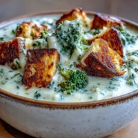 Creamy Cauliflower and Broccoli Soup topped with golden, crunchy homemade croutons, served steaming in a rustic bowl.