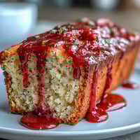 A slice of Blood Orange Loaf Cake with Poppy Seeds and Marzipan on a plate, with a glass of Prosecco.