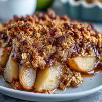 Freshly baked Pear Crumble with a golden, crunchy oat topping is served warm in a white dish.