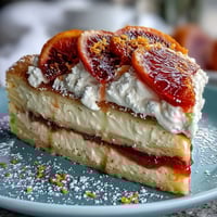 Blood Orange Curd Crêpe Cake with alternating layers of curd and whipped cream, garnished with fresh slices, zest, and edible flowers.