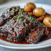 Golden-brown beef pot roast nestled with tender carrots, celery, and baby potatoes, glistening with rich red wine gravy on a rustic platter.
