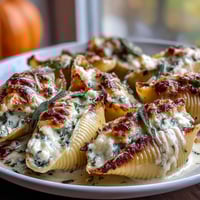 Golden-brown Pumpkin & Gouda Stuffed Shells with crispy sage and rich Alfredo sauce bubbling in a baking dish.
