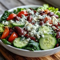 Freshly tossed Greek Salad Bowl with crisp romaine, juicy tomatoes, cucumber, feta, and Kalamata olives glistening with vinaigrette.  