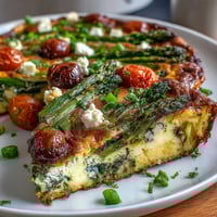 Healthy Easy Spring Veggie Frittata with fresh asparagus, spinach, and cherry tomatoes, baked until golden and fluffy, perfect for a nutritious breakfast or brunch.