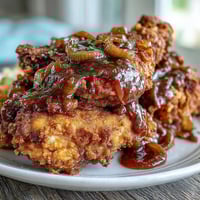 A cast-iron skillet holds golden fried chicken smothered in savory onion gravy, steam rising from the bubbling sauce.