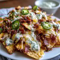 Loaded Baseball Nachos with Jalapeños and Cheese Sauce: crispy tortilla chips layered with seasoned beef, melted cheese, and spicy jalapeños for the ultimate game day snack.