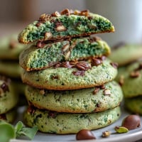 Festive green pistachio pudding cookies with real pistachios and white chocolate chips, soft and chewy for St. Patrick's Day.