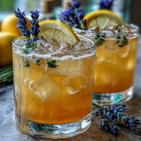 A tall glass of lavender lemonade spritz with ice, garnished with a lemon slice and lavender sprig, ready to refresh.