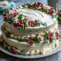 Layered vanilla cake with floral buttercream designs, celebrating Taurus and graduation with elegant pink and purple piping.