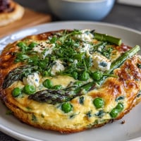 Spring Frittata with Asparagus, Peas and Goat Cheese: golden baked eggs with vibrant green vegetables and creamy cheese crumbles.