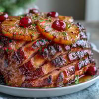 Honey glazed ham with pineapple rings and cherries, golden and caramelized for a festive Easter centerpiece.